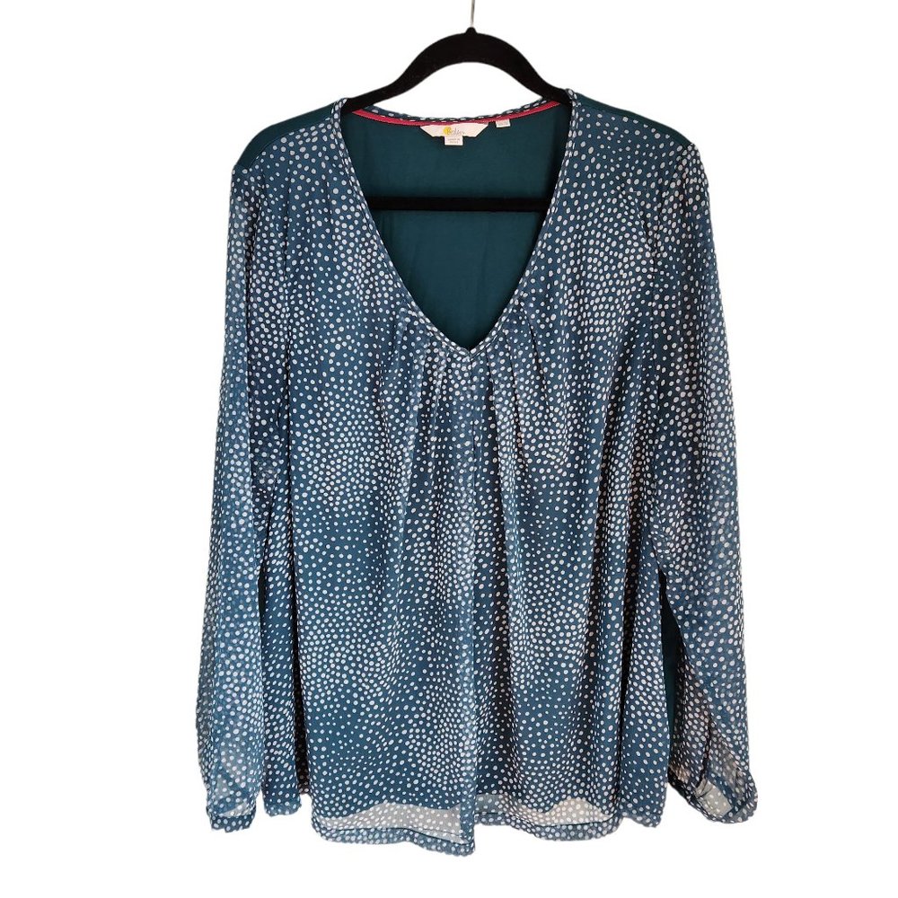 Boden Aubrey Jersey Green Polka Dot Blouse Top Sheer Sleeve Size 18